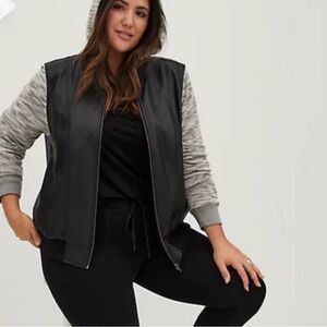 Torrid Black and Gray Hooded Jacket - Faux Leather, Removable hood, Punk, size 3